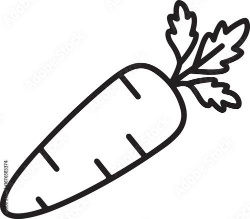 Simple outline drawing of a carrot with green leaves on a white background vegetable