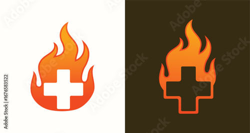 Flaming Medical Cross Logo Set Fire Health and Emergency Icons

