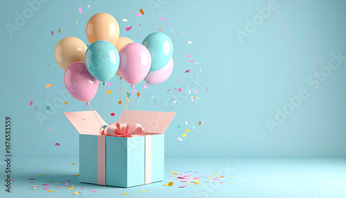 Open pastel gift box with colorful balloons