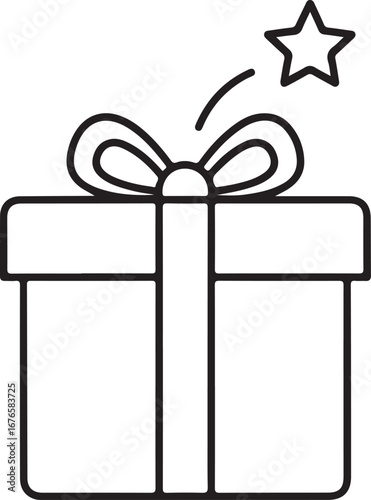 Simple Line Art Icon of a Gift Box with a Bow and a Star present ribbon
