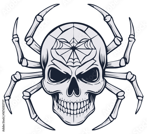 Spider Skull Illustration Arachnid Head with Web and Bone Legs Gothic Graphic