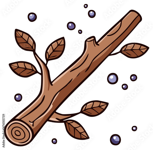 Cartoon branch with leaves and decorative dots design isolated illustration