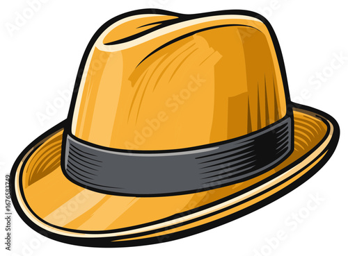 Classic yellow fedora hat with a black band vector illustration. Vintage gentleman or gangster accessory graphic.