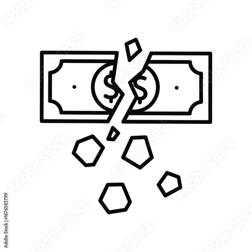 Financial Crisis: A stark illustration of financial distress, a cracked banknote symbolizes economic strain, recession, and the precarious nature of monetary stability.