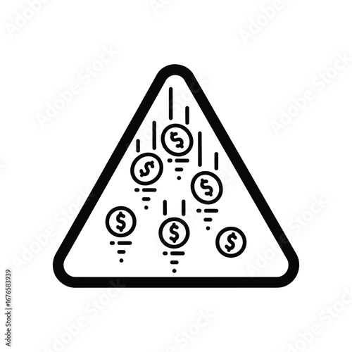 Financial Downfall: A stark monochrome illustration shows currency symbols plummeting from the apex of a triangle. Representing financial instability.