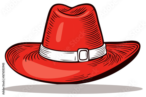 Stylish red fedora hat with white band and buckle illustration