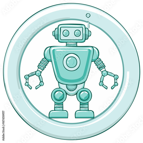 Friendly Cartoon Robot Icon with Round Frame and Antenna