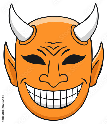 Smiling Orange Devil Face with White Horns and Black Eyes Graphic