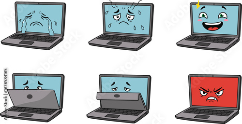 Cartoon laptops showing emotional faces, sadness, joy, anger, anxiety, sleepiness, playful tech illustration set for education, editorial, entertainment use