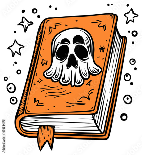 Orange spooky magic spell book with ghostly skull illustration and surrounding mystical elements