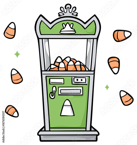 Green claw machine filled with candy corn and surrounded by floating candy corn
