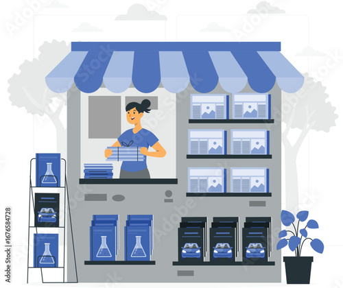 Newsstand character design with vibrant color palette