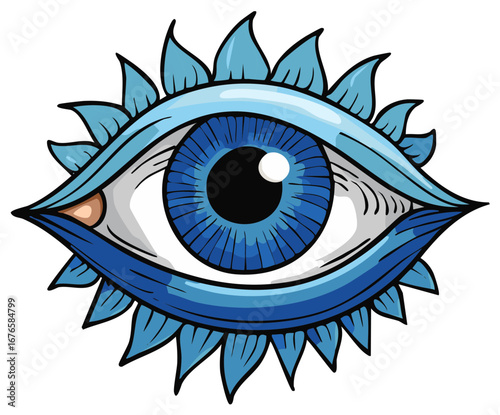 Stylized Blue Evil Eye with Petal Like Eyelashes for Protection and Good Fortune
