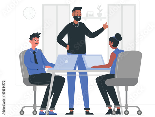 Office scene with stylized characters and workspace elements