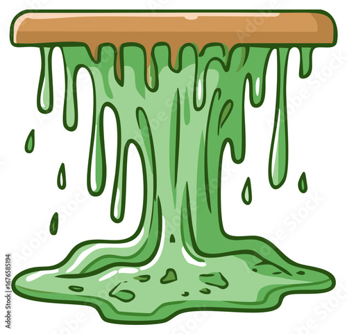Cartoon Green Slime Dripping from a Horizontal Wooden Bar in a Fun Illustration