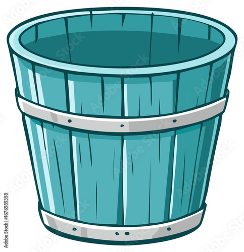 Cartoon illustration of a blue wooden bucket with metal bands
