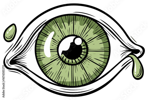 Stylized human eye illustration with a bright green iris and mysterious fluid dripping from the corners