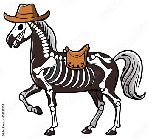 Spooky Undead Western Horse Skeleton with Cowboy Hat and Saddle