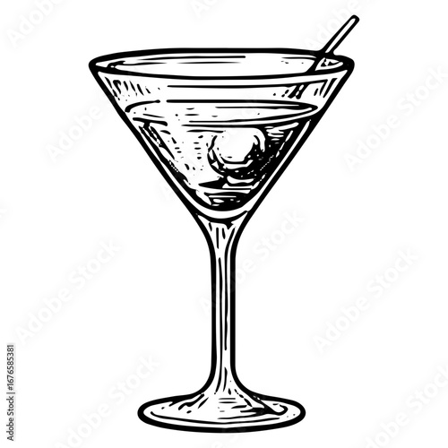 Olive Garnished Martini Glass Cocktail Illustration Design
