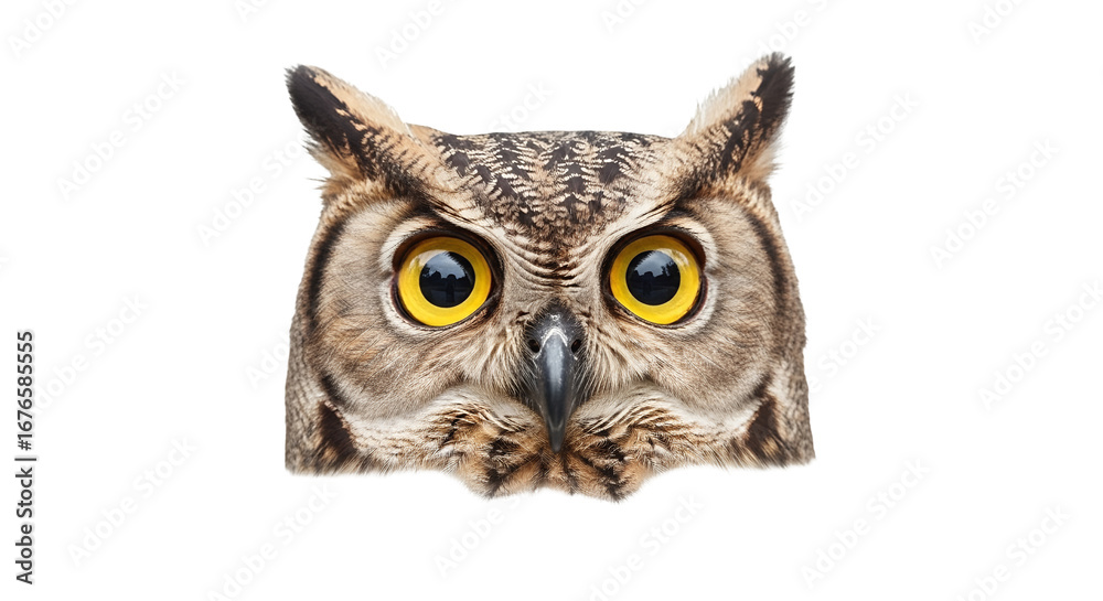 Fototapeta premium Great Horned Owl Face Isolated on Black Background