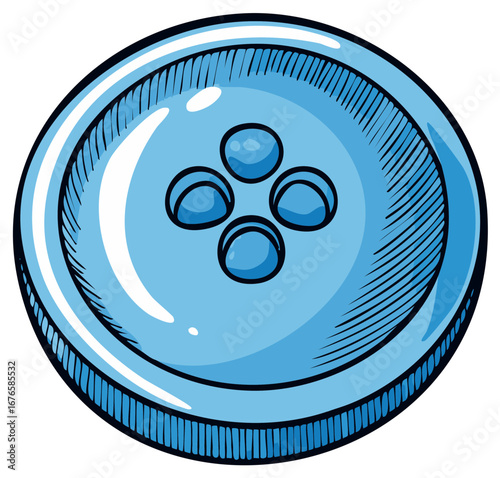 Close-up of a bright blue four-hole button with a sketched texture and highlights