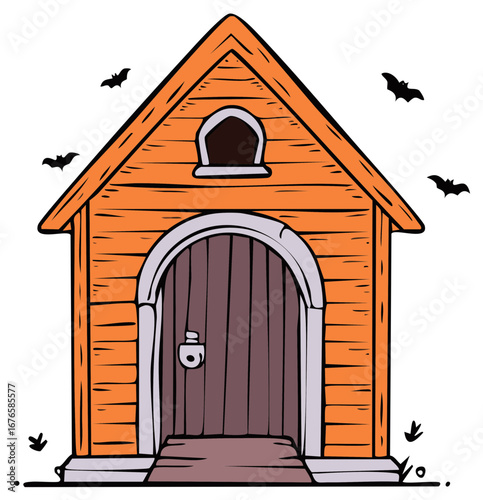 Cartoon illustration of a wooden building with bats, for Halloween decor.