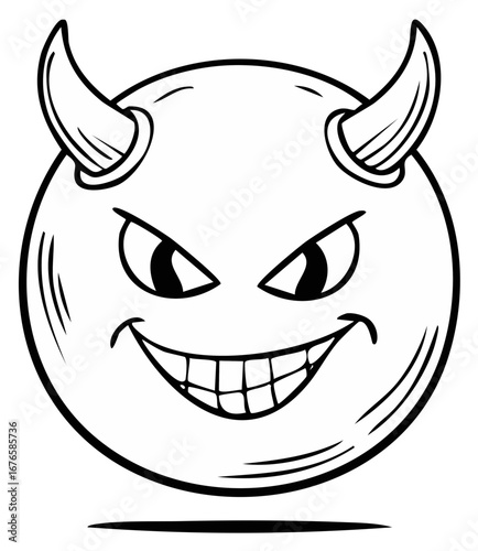 Evil devil face emoticon with horns and a sinister grin cartoon illustration