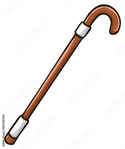 Classic wooden cane with a curved handle and white accents, isolated on white background for easy use