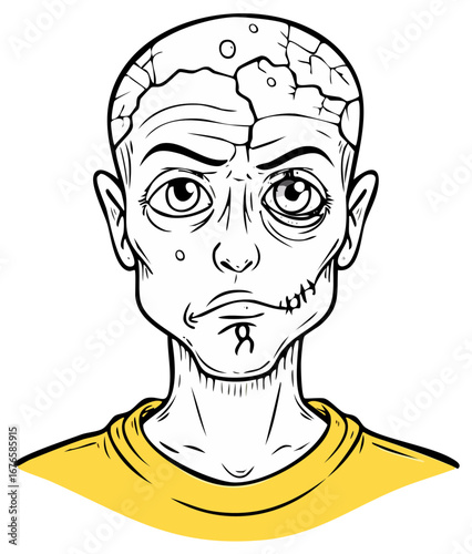 Cartoon style zombie man with cracked skull, facial stitches, and a damaged eye