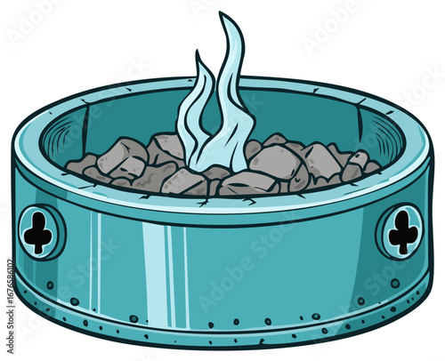 Cartoon illustration of a turquoise fire pit with grey stones and stylized flames.