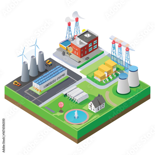 Isometric Power Plants & Renewable Energy Sources Illustration"