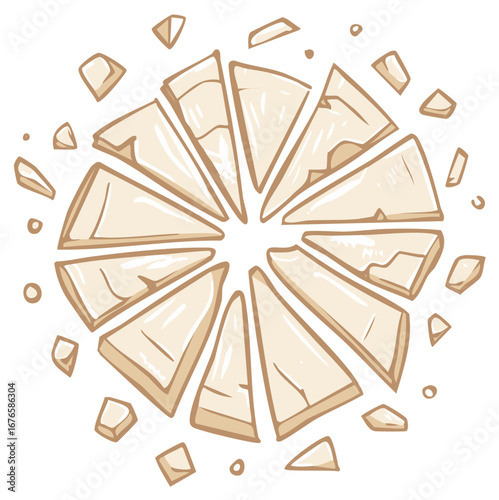 Cartoon illustration of a circular stone plate shattering into many sharp fragments
