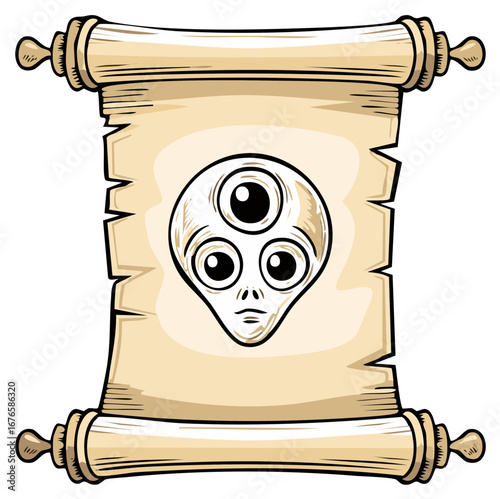 Antique Scroll with Sketch of Three Eyed Alien Creature. Mystery Message