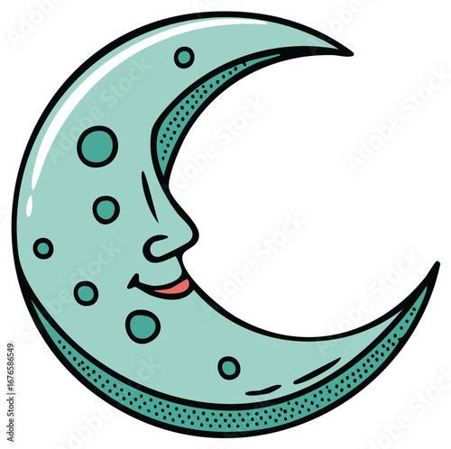 Stylized crescent moon with a face in light blue with decorative dots in vector illustration
