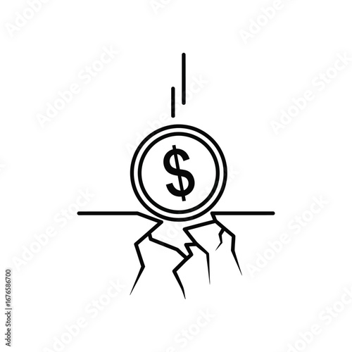 Financial Crisis: A stark depiction of a dollar coin, symbolizing currency, teetering on the brink of collapse over a cracked foundation.