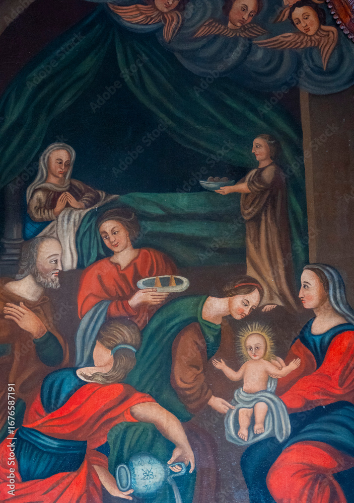 Fototapeta premium Painting (19th century) of Nativity of the Blessed Virgin Mary.