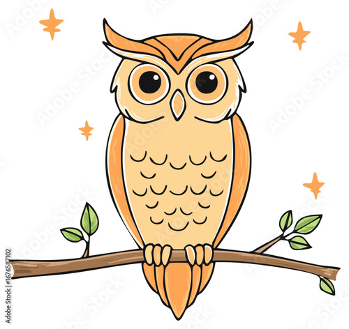 Orange Owl Sitting on Branch with Leaves and Stars Whimsical Illustration