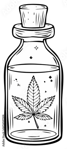 Illustration of a glass bottle with liquid and cannabis leaf.