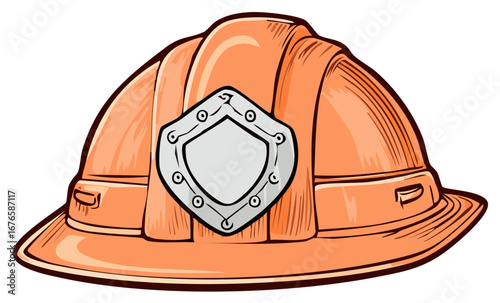 Orange Construction Helmet with Shield Patch, Safety and Protection Gear, Cartoon Style
