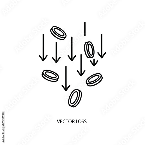 Vector Loss Icon: A minimalist icon vividly illustrates the concept of financial or resource loss through a series of falling coin symbols and downward arrows