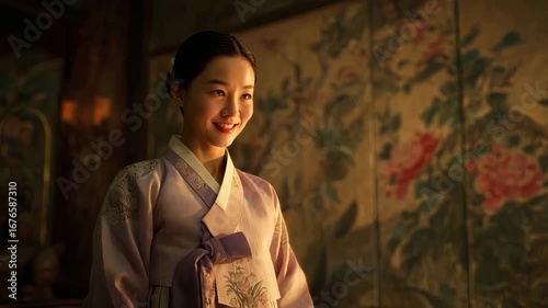 Happy young asian woman exploring historical building in traditional korean hanbok