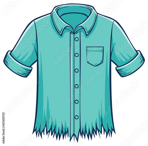 Turquoise short sleeve button up shirt with ripped hem and rolled cuffs