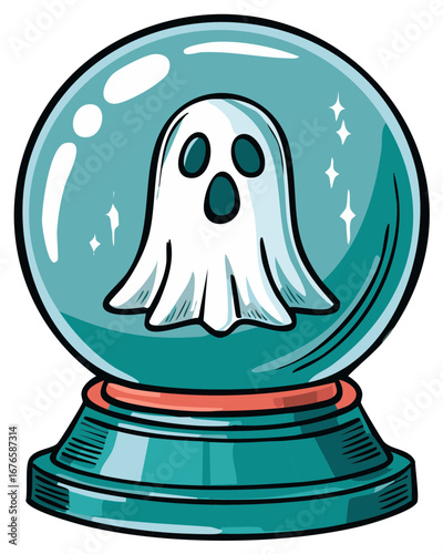 Cartoon ghost inside glass orb. Halloween or fortune-telling design.