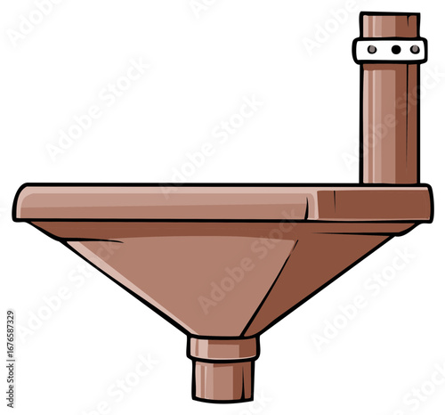 Cartoon illustration of brown metal water gutter and pipe for house drainage
