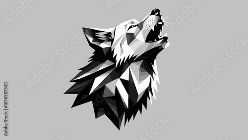 Geometric low-poly artwork of a howling wolf in black and white colors