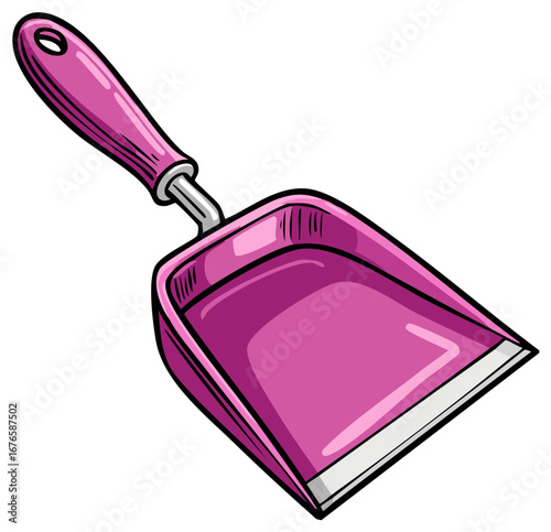 Pink dustpan with a comfortable handle for collecting debris and waste