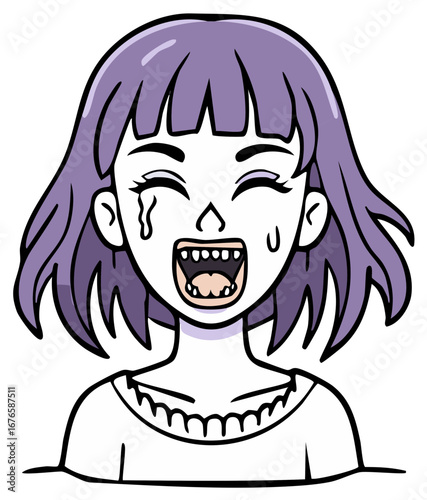 Expressive animated girl with purple hair intensely crying or laughing with streaming tears and sweat