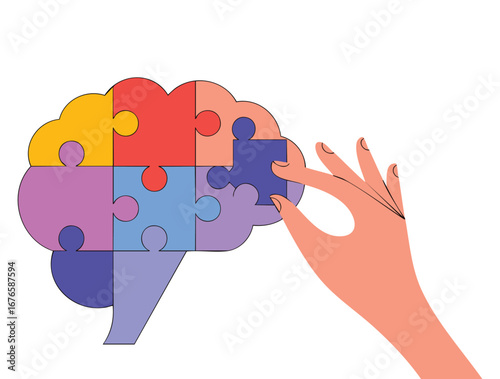 A hand placing a missing puzzle piece into a colorful puzzle brain in flat vector illustration, symbol of problem solving, ideas, intelligence, teamwork and human creativity educational themes