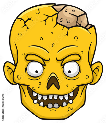 Cartoon Zombie Head with Cracked Skull and Scary Grin Halloween Monster