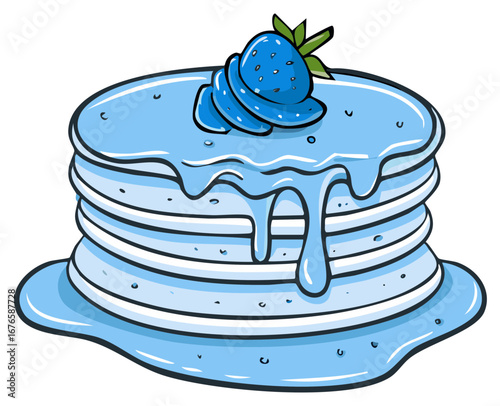 Stylized cartoon illustration of a stack of blue pancakes with dripping syrup and a berry